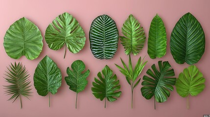 Naklejka premium Collection of Lush Green Tropical Leaves on Pink Background