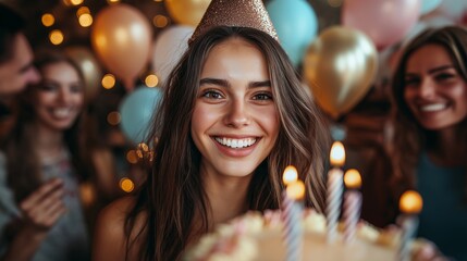 Fototapeta premium Young woman in a gold party hat smiles at a celebration with candles on cake and balloons around