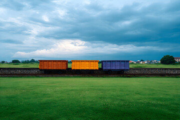 Obraz premium Three colorful freight cars on railway tracks against a dramatic sky and green field. Generative AI