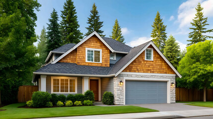 Two-story house with wood siding, stone accents, and a gray garage door, nestled amongst lush greenery. Generative AI