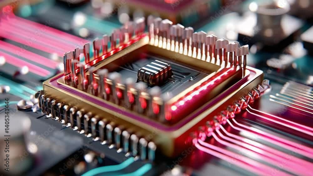 Aufkleber circuit board microchip: close-up of a complex integrated circuit chip, showcasing its intricate det