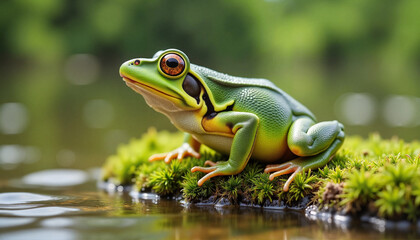 Fototapeta premium Vibrant tree frog perched on mossy bank by tranquil water, nature beauty