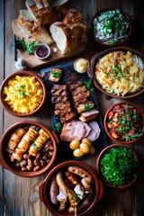 Fototapeta premium An intriguing visual collection highlighting the diverse traditions of European food, with an array of meals displayed on a rustic wooden surface.