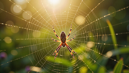 Fototapeta premium Vibrant spider weaving intricate web in golden sunlight, nature's artistry