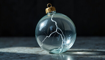 Cracked glass ornament on stone surface, holiday fragility