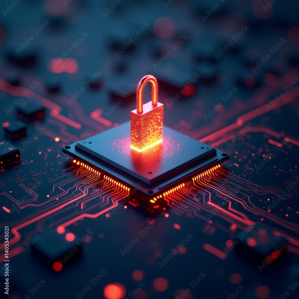 Poster small square shaped padlock top circuit board padlock red color has shiny metallic finish placed bla