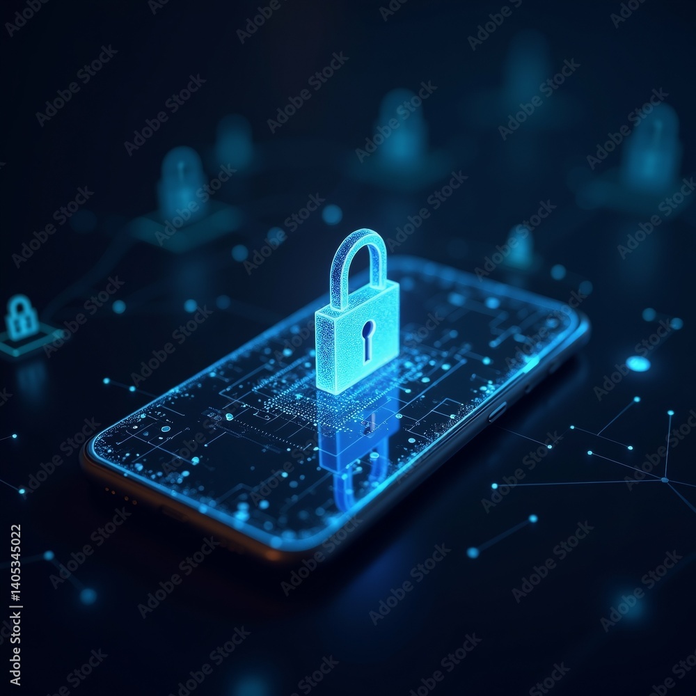 Poster smartphone blue padlock screen padlock center placed top circuit board like surface background dark 