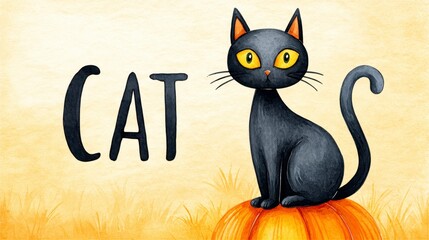 Black Cat on a Pumpkin Watercolor Illustration