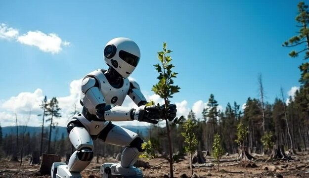 Robot planting trees in deforested area, symbolizing nature recovery and technology partnership, for future, forestation projects
