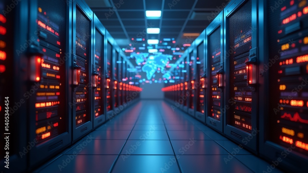 Poster long corridor data center rows servers either side servers arranged neat orderly manner server facin
