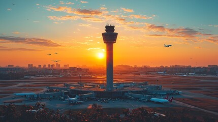 Obraz premium Sunset over airport with control tower and airplanes.