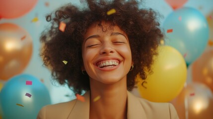 Joyful woman with curly hair and beige blazer smiles with closed eyes as confetti floats around