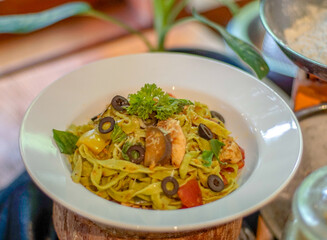 Pasta primavera on a white plate