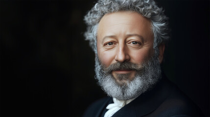 Artistic portrait of Jules Verne with curly hair and beard in classic 19th-century style
