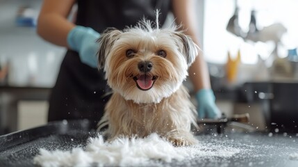 Dog groomer trimming fur at salon. Featuring pet grooming and care