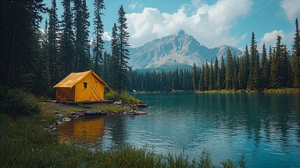 Obraz premium Lakeside tent campsite, mountain views