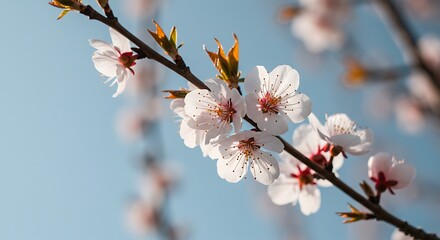 Blooming Branch with White Flowers Against Blue Sky