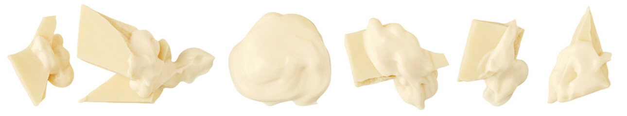Isolated white creamy Chocolate bar pieces on white background. Collection Vanilla Chocolate chunks with melting chocolate sauce.  Package design element. Top view. Flat lay.
