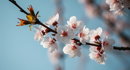 Blossoming Tree Branch with White Flowers and Blue Sky Background