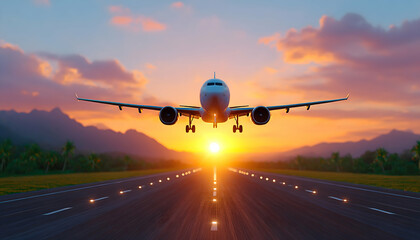 Naklejka premium Airplane landing on runway at sunset over tropical landscape. Generative AI