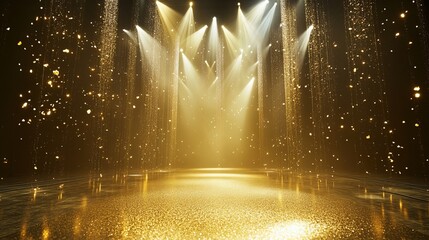 Glowing golden stage lights with falling glitter particles