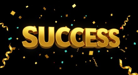 Fototapeta premium Celebrating Success with Golden Text and Colorful Confetti Against a Black Background
