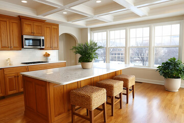 Bright kitchen with island, hardwood floors, and large windows. Generative AI