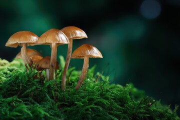 Fototapeta premium Golden Orange Mushroom Cluster on Moss in Forest, Natural Harmony Scene.