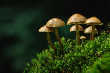 Golden Orange Mushroom Cluster on Moss in Forest, Natural Harmony Scene.