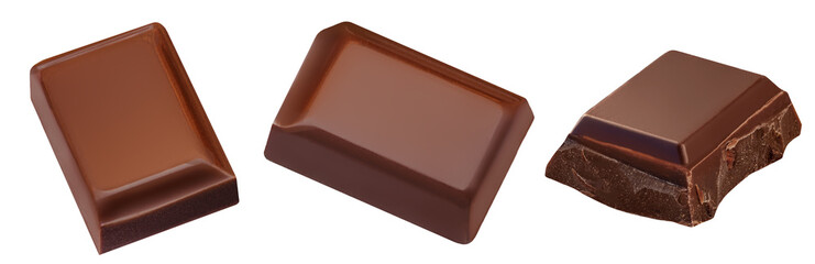 Dark chocolate bar pieces isolated. Collection. Milk chocolate bar on white background. Top view. Flat lay. Package design element.