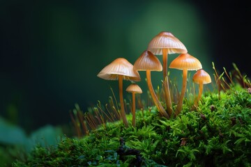 Shiny orange mushrooms growing on green moss in natural forest scene.Natural Harmony Scene.