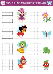 Fairyland drawing, writing, tracing, space orientation activity for kids with woodland fairies, flower, frog, mushroom. Draw lines in square box according example. Preschool printable game, puzzle