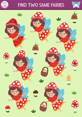 Find two same mushroom fairies. Fairyland matching activity for children. Magic garden or forest educational quiz worksheet for kids for attention skills. Simple printable game with cute girl