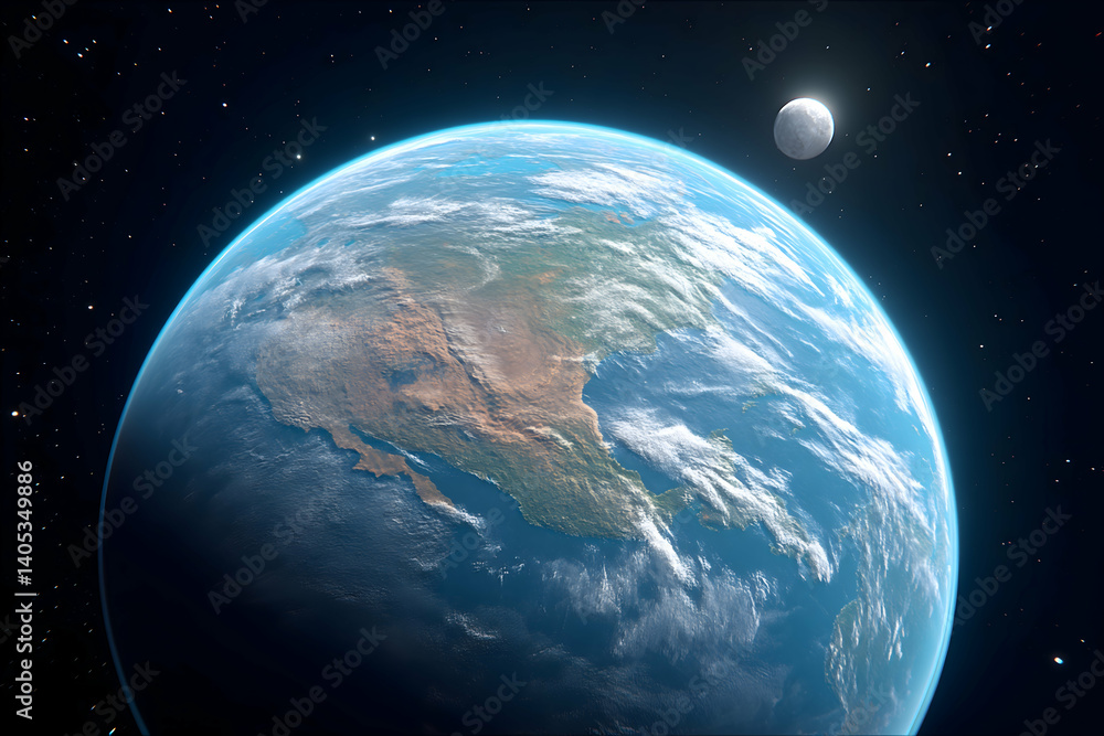 Poster earth-like planet with crescent moon in space. generative ai