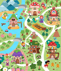 Vector fairyland map background with characters. Fairy land landscape. Woodland scenery with trees, dragon, roads, bridge, river. Fantasy forest scene illustration. Magic fairytale world picture