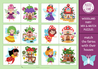 Fototapeta premium Vector fairyland mix and match puzzle with cute fairies and their houses. Matching woodland fairytale activity for preschool kids. Educational magic or fantasy girls printable game with homes