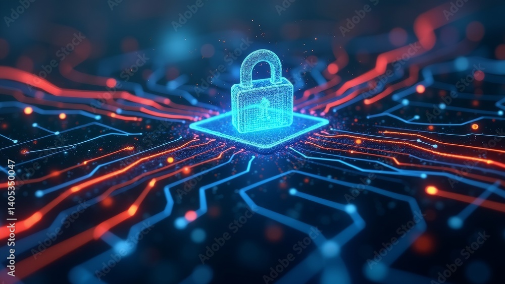 Poster digital illustration padlock circuit board padlock center blue red color scheme background black pat