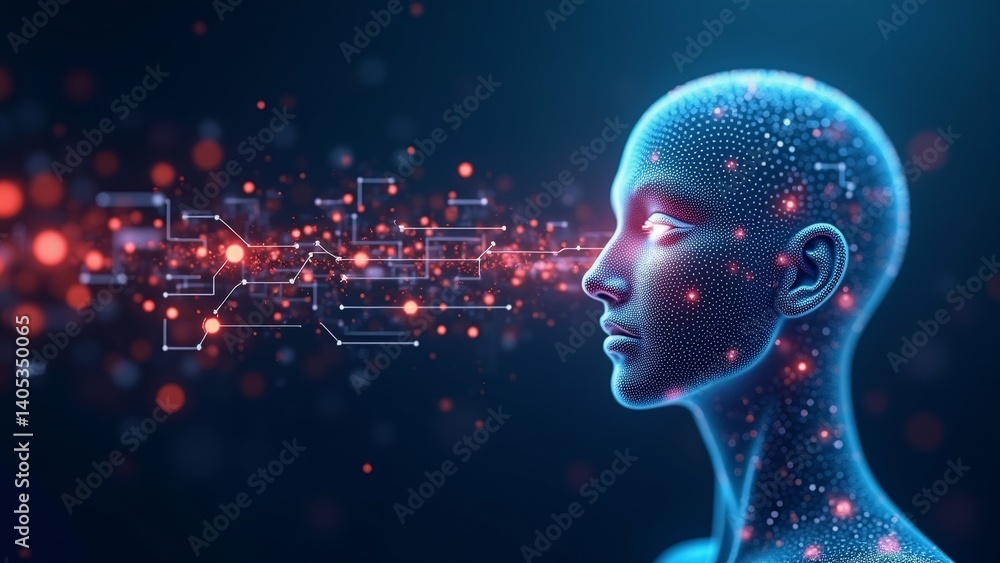 Poster digital illustration human head neck head small dots lines creating network like pattern dots arrang