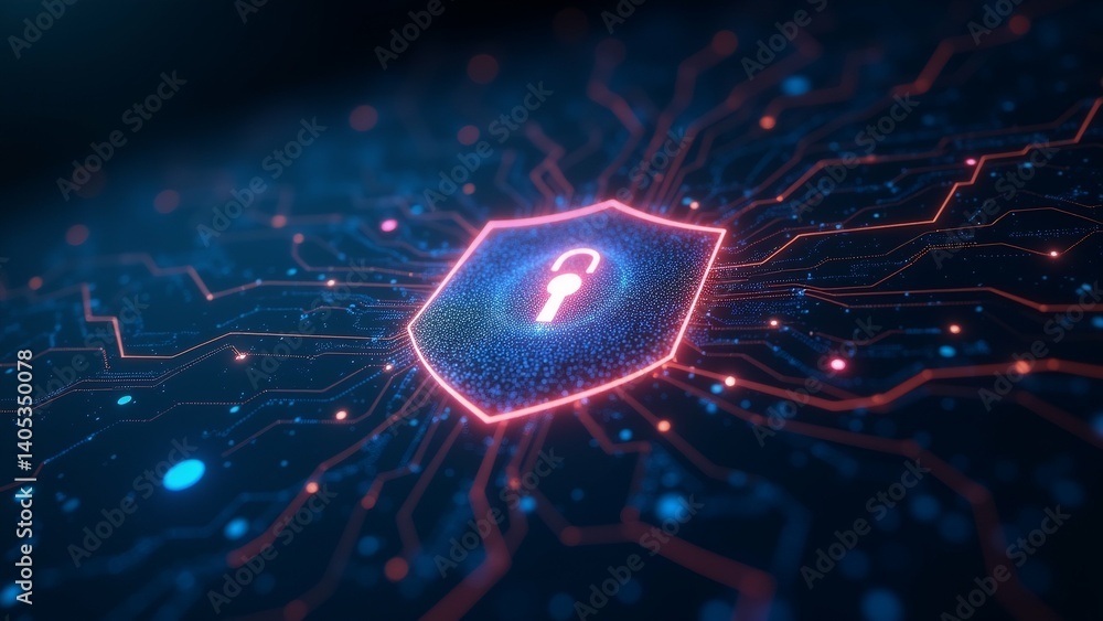 Poster digital illustration shield keyhole center shield small dots lines creating network like pattern bac