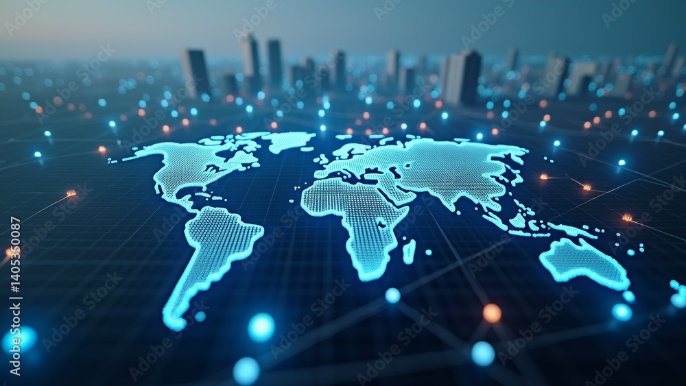 Poster digital illustration world map dark blue background map small white dots form outline continents oce