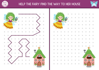 Fairyland drawing, writing, tracing, space orientation activity for kids with swamp fairy searching house. Draw line in box according example. Preschool woodland printable game, puzzle