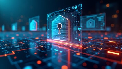 Fototapeta premium computer screen lock icon lock icon shape house keyhole center screen surrounded futuristic interface lines dots background dark blue orange red lights giving futuristic technological feel background