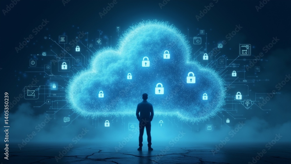 Poster silhouette person standing front large cloud cloud multiple interconnected lines dots representing s
