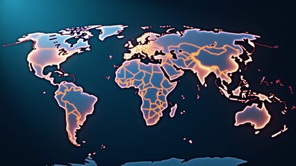 world map dark blue background map different shades blue orange continents oceans outlined white continents arranged grid like pattern continent having different color blue orange pink blue