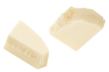 Falling Isolated white creamy Chocolate bar pieces on white background. Flying Vanilla Chocolate macro.  Package design element.