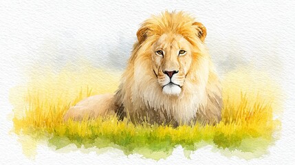 Majestic Golden Lion in Watercolor Style Resting in Yellow Grassland