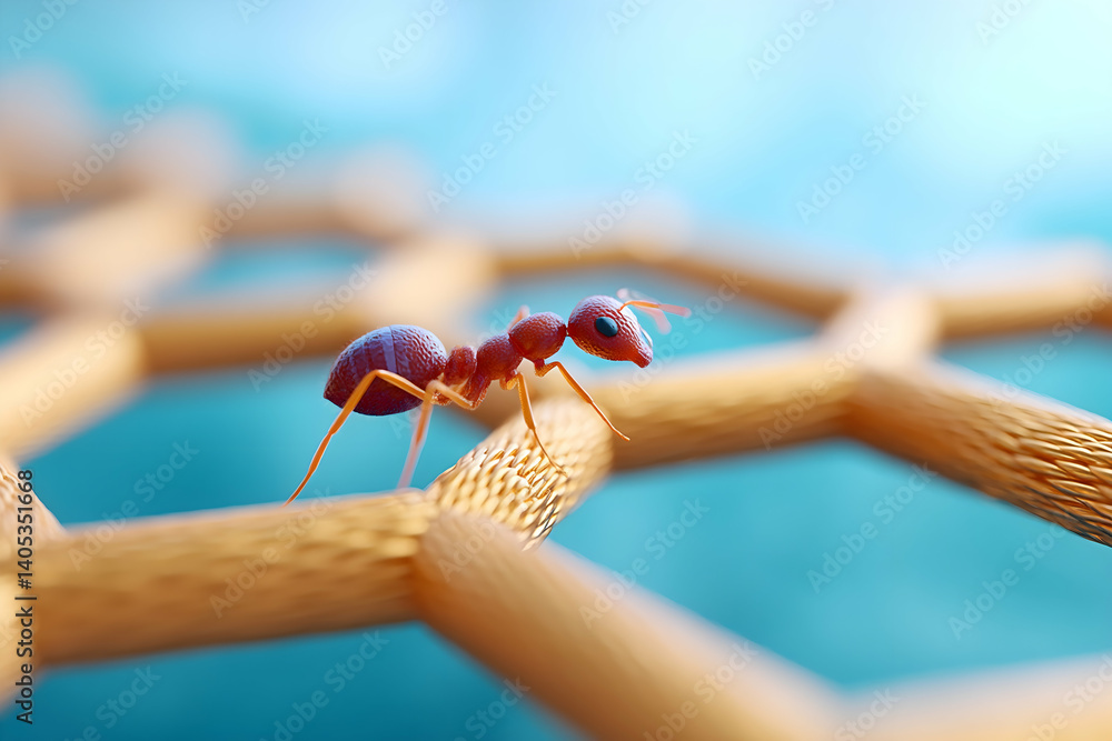 Poster red ant traversing a honeycomb-like structure. generative ai