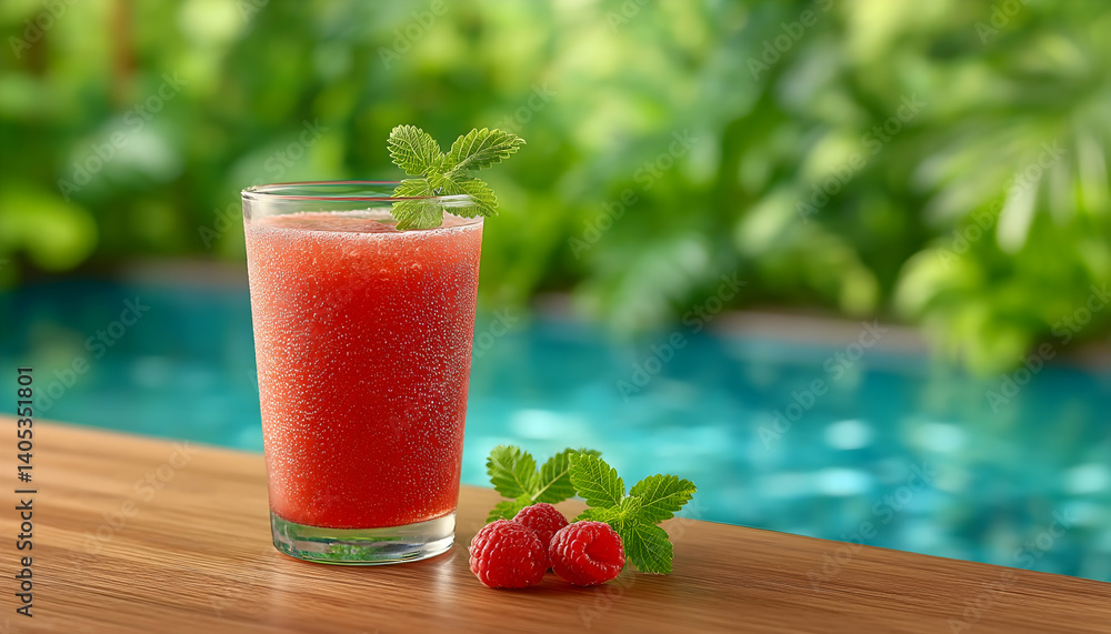 Aufkleber refreshing raspberry smoothie by the pool. generative ai