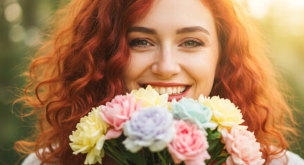 Naklejka premium Smiling woman holding colorful flowers in a sunny garden 