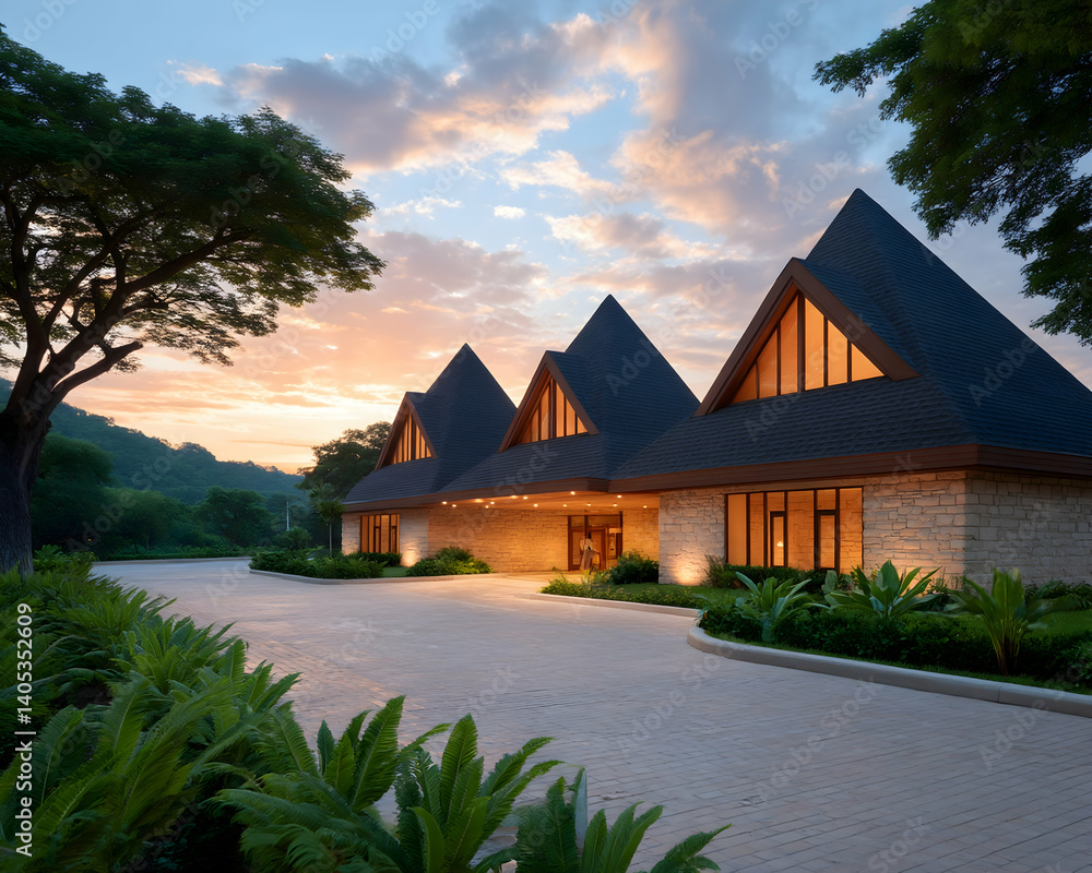 Poster sunset view of a modern, stone building with triangular roofs and landscaped driveway. generative ai